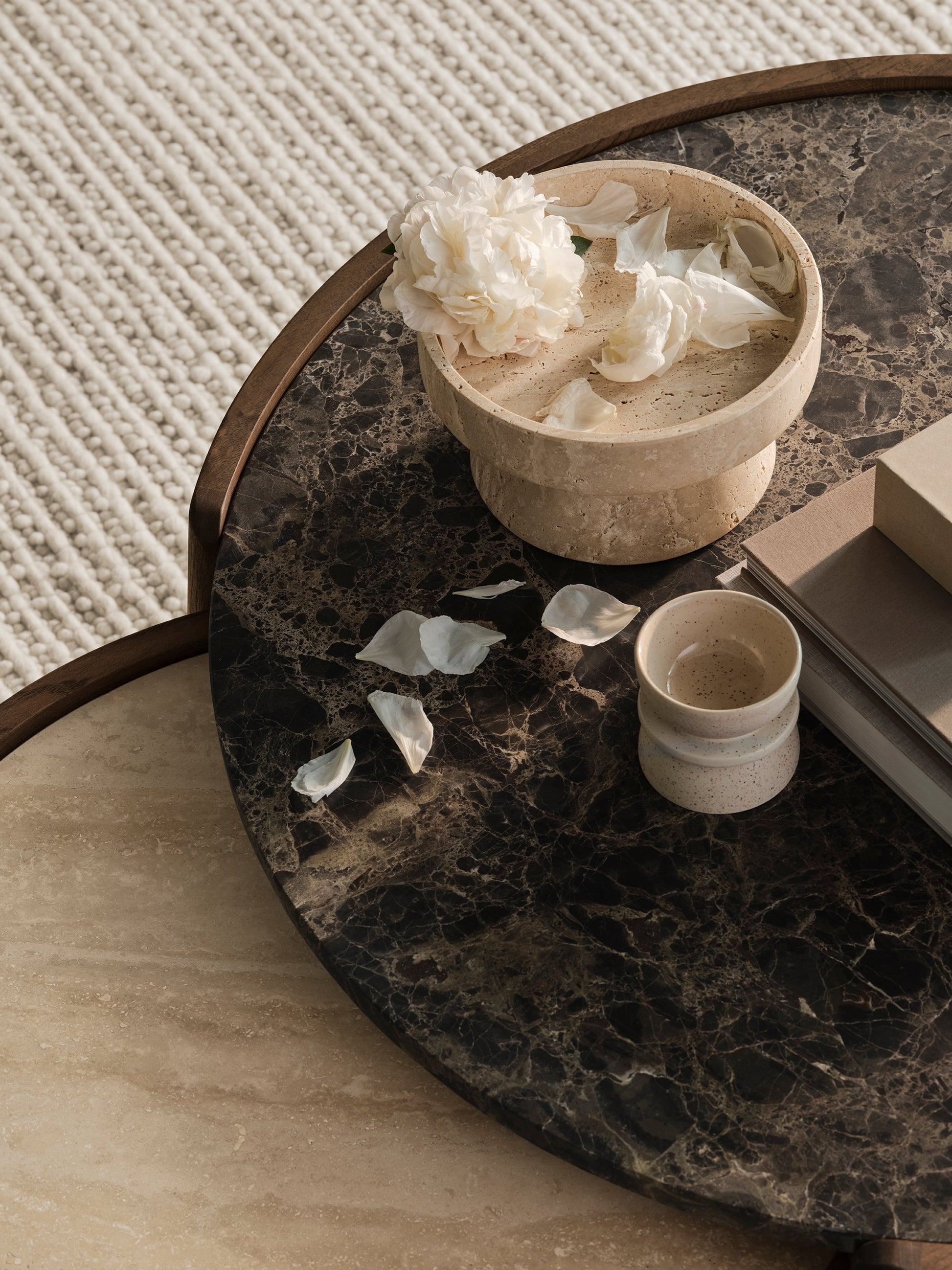 Mix Coffee Table Ø65 cm / Brown marble, Dark oiled oak, Solid