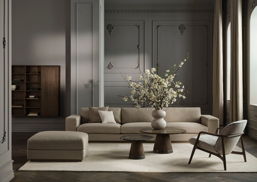 Sepia 3 seater - w. chaise longue right / Vilme - Bouclé & texture, Light beige, Dark oiled oak, Veneer